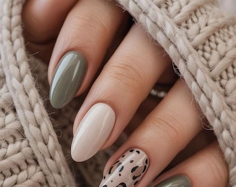 Olive Green Press On Nails | Leopard Accent Almond Nails | Neutral Fall Nail Box | Minimalist Handmade Reusable Nails