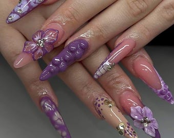 Purple Floral Press On Nails, 3D Flower Nails, Lavender Acrylic Nails, Long Stiletto Nails, Glam Rhinestone Nails, Spring Summer Nail Set