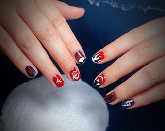 Anime Inspired Press On Nails | Red Black Flame Nail Box | Manga Style Handmade Nails | Short Round Reusable Press On Set