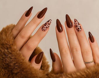 Chocolate Brown Press On Nails | Leopard Accent Almond Set | Glossy Dark Mocha Luxury Nails | Handmade Reusable Nail Box