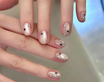 Silver Cat Eye Press On Nails | Star Galaxy Nail Set | Glitter Almond Holiday Nails | Handmade Reusable