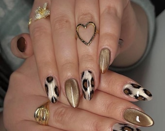 Gold Leopard Press On Nails | Bronze Chrome Almond Nails | Luxury Animal Print Nail Set | Glam Reusable Handmade Nails