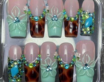 3D Floral Rhinestone Bling Press On Nails Pink Mint Green Tortoise Ombre Crystal Jewel Coffin Handmade
