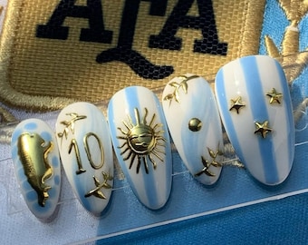 Argentina Soccer Flag Press On Nails, Blue White Gold Sun Stars 3D Handmade Reusable Luxury Fake Nails Football Fan Set