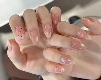 Sheer Pink Press On Nails | Almond Jelly Blush Nail Set | Minimal Rhinestone Romantic Nails | Handmade Reusable