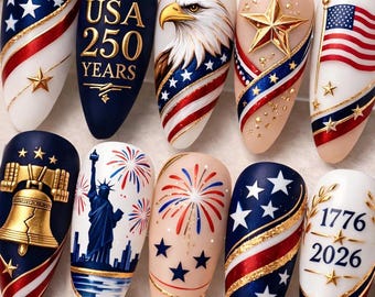 USA 250 Years Patriotic Press On Nails, American Flag Eagle Art (10 Count)
