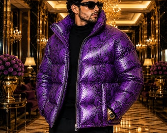 Men's Python Puffer Jacket Quilted Winter Bubble Jacket  Luxury Streetwear Zip Up Python Jacket,Lederjacke Herren.
