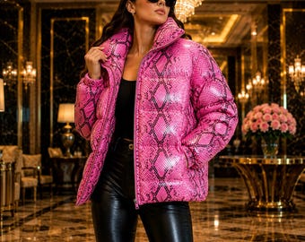 Luksusowa kurtka pikowana z materiału Python dla kobiet – stylowy, obszerny płaszcz zimowy, Damen-Lederjacke.
