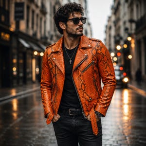 Python lederen bikerjack, motorjas, handgemaakt modejack, Lederjacke Herren.