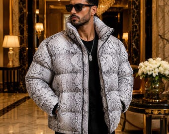 Men's Python Print Puffer Jacket – Luxury Snakeskin Winter Coat,Lederjacke Herren.