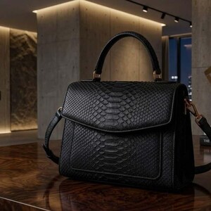 May include: A black handbag with a snakeskin pattern, top handle, and shoulder strap. The bag has a flap closure and gold-coloured hardware. The bag is on a dark wooden surface.