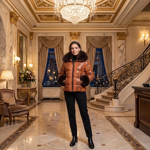 Luxuriöse Damen-Steppjacke aus Pythonleder mit Pelzbesatz, warmer Wintermantel