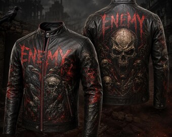 Enemy Skull Raven Horror leren jas, gothic bikerjack, donkere punk streetwear, cadeau.