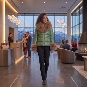 Doudoune verte python pour femme avec col en fourrure oversize, veste zippée de luxe pour l'hiver