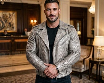 Men's Snake Print Leather Biker Jacket-Stylish Zip-Up Outerwear