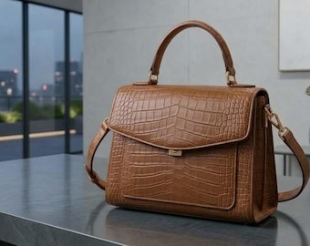 Borsa a mano in pelle di coccodrillo fatta a mano per donna / Borsa in pelle goffrata