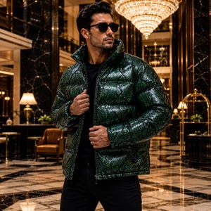 Puede incluir: Una chaqueta acolchada de color verde esmeralda brillante con un patrón texturizado de piel de serpiente, cuello alto y cremallera frontal completa. La chaqueta se lleva sobre una camiseta negra lisa y se combina con pantalones negros y gafas oscuras.