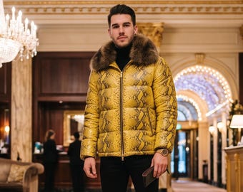 Men's Python Puffer Jacket with Fur Collar Luxury Winter Insulated Zip Jacket Stylish