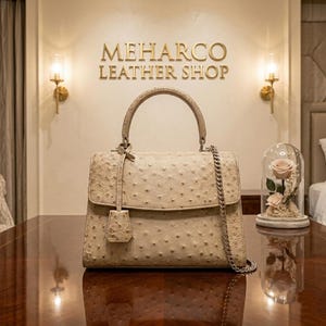 Meharco Beige Ostrich-Textured Top Handle Handbag – Structured Satchel Shoulder Bag