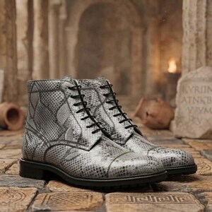 May include: A pair of gray and white snake-skin patterned leather boots with black laces. The boots have a classic lace-up design and a black sole. The boots are displayed on a stone surface.