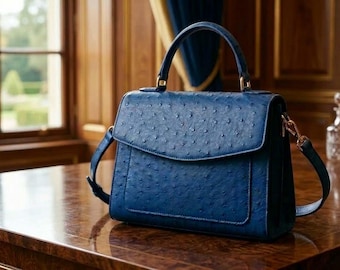 Borsa a mano in pelle di struzzo con manico superiore, di lusso, firmata, blu