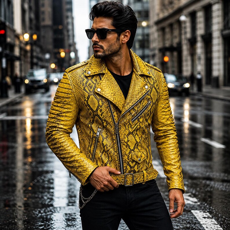 May include: A bright yellow motorcycle jacket featuring a textured snakeskin pattern, silver-toned metal zippers, snap button lapels, and an adjustable waist belt with a buckle. The jacket is worn over a plain black shirt with black trousers.