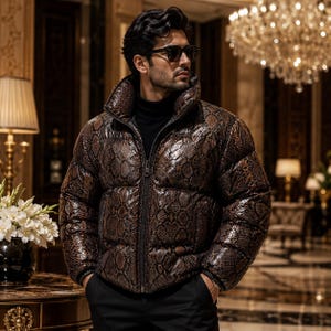 Dark Brown Python Puffer Jacket Quilted Winter Zip Luxury Streetwear Fashion Jacket,Damen Lederjacke.