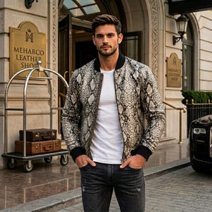 Meharco Men's Snakeskin-Inspired Bomber Jacket – Textured Zip-Up Streetwear Outerwear