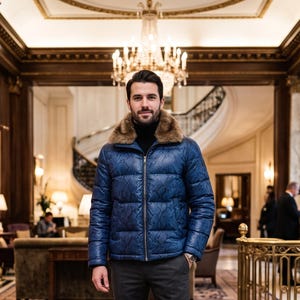May include: A blue quilted puffer jacket with a brown faux fur collar, a full-length front zipper, and a subtle snakeskin-like texture pattern, worn over a black turtleneck sweater and dark gray trousers in a formal interior setting.