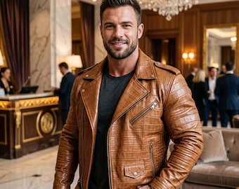 Men’s Cow Leather Crocodile Embossed Handmade Luxury Fashion Jacket.