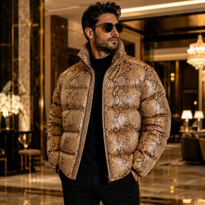 Luxury Men's Beige Python Puffer Jacket, Quilted Zip Winter Streetwear Coat,Damen Lederjacke.