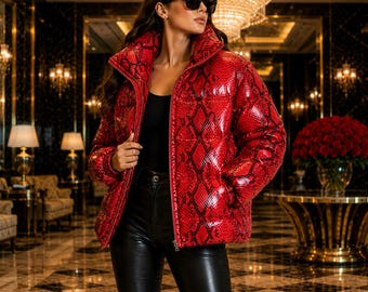 Exotische gewatteerde damesjas – Luxe oversized winterjas, Dames-Lederjacke.