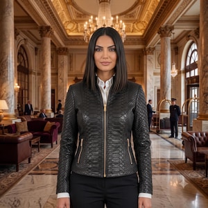 May include: A black jacket with a textured snakeskin pattern, featuring a central gold-toned zipper closure and two side pockets with matching gold zippers. The jacket is worn over a crisp white collared shirt and paired with black trousers.