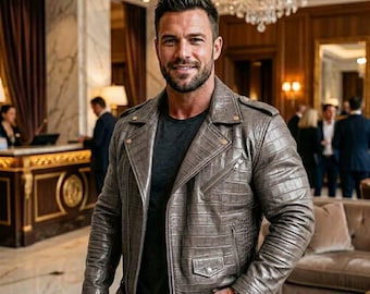 Chaqueta de lujo para hombre, hecha a mano, de piel de vaca con relieve de cocodrilo.