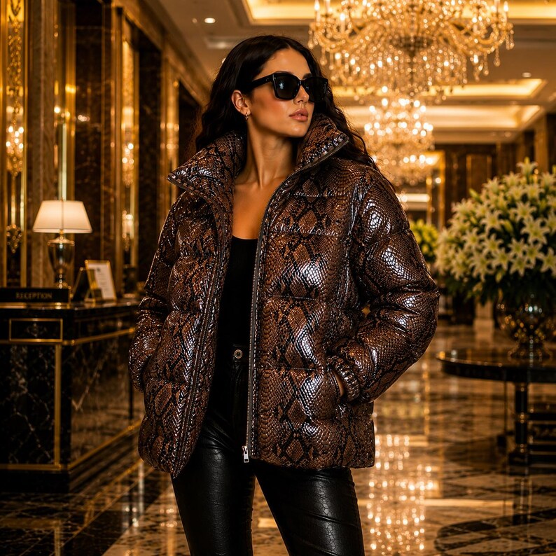 Giacca imbottita da donna con stampa pitone – Cappotto invernale oversize di lusso con cerniera e stile di tendenza, Damen-Lederjacke immagine 2