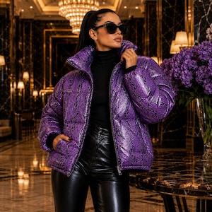 Chaqueta acolchada de pitón para mujer – Abrigo de invierno tipo burbuja extragrande, chaqueta de moda con cremallera, chaqueta de cuero para mujer.