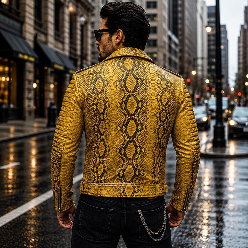 May include: A yellow and black snakeskin-patterned leather jacket with a wide collar, long sleeves featuring ribbed detailing on the shoulders, zippered cuffs, and a buckled waist belt, worn over dark denim jeans with a silver chain accessory.