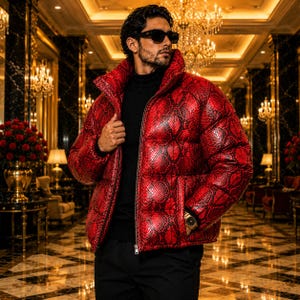 Men's Python Puffer Jacket Quilted Winter Zip-Up Luxury Streetwear Bubble Coat,Lederjacke Herren.