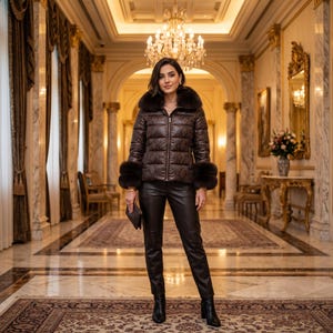 Puede incluir: Una chaqueta acolchada de color marrón oscuro con un sutil estampado de piel de serpiente, con un gran cuello de piel y puños de piel. Se combina con pantalones de cuero negro ajustados y botines negros. Se sostiene un pequeño bolso de mano oscuro.