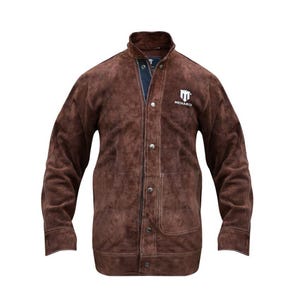 May include: A brown suede jacket with a button-up front and a stand-up collar. The jacket has two front pockets and the logo "MECHARCO" on the chest. The jacket is designed for work.