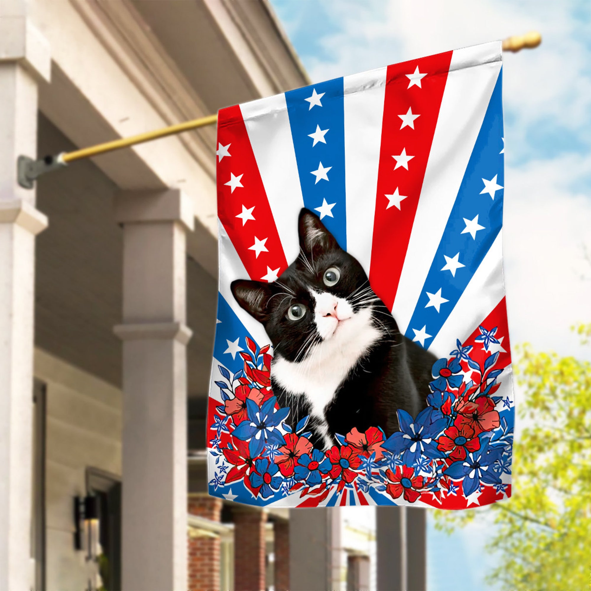 Tuxedo Cat Happy Independence Day House Flag