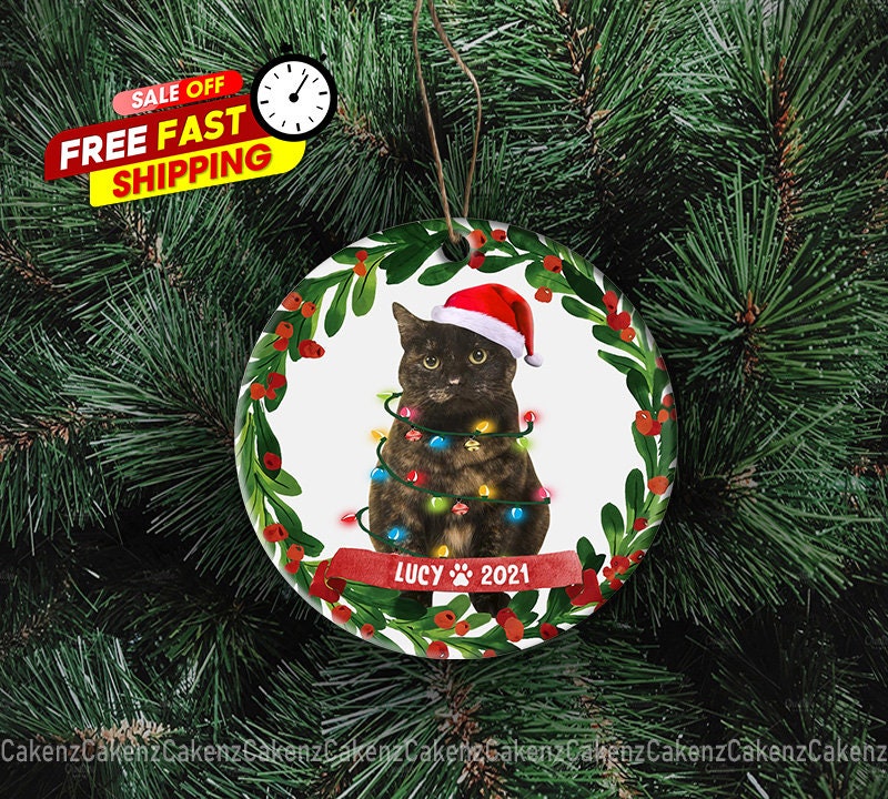 Custom Tortie Cat Ornament Faux Fur Christmas Tree Ornament Personalized Plush Cat Holiday Decoration Custom Pet Name Christmas Gift