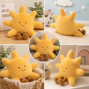 Lindo peluche de sol – Suave almohada kawaii con forma de sol, decoración para guardería, peluche con carita feliz, regalo para niños, estética acogedora para la habitación.