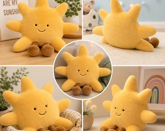 Simpatico peluche a forma di sole – Morbido cuscino a forma di sole in stile Kawaii, decorazione per la cameretta, peluche con faccina sorridente, regalo per bambini, estetica accogliente per la stanza.
