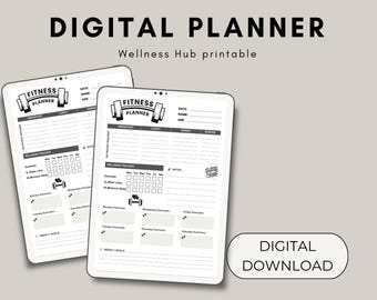 May include: A digital fitness planner printable featuring two tablet screens displaying a black and white layout. The pages include sections for nutrition tracking, a wellness tracker for exercise, water, and sleep, plus daily exercise logs and weekly goals.