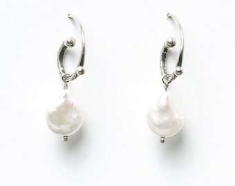 Pearl Spiral Earrings, Organic Silver Earrings, Hoop with Pearl Earrings, Bridal Jewelry, Tear Drop Pearl Earrings, Valentines Jewelry