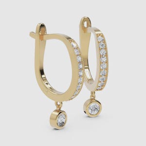 14k Solid Gold Dangle Hoop Earrings with Bezel Set Diamond