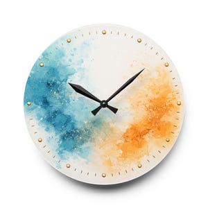 Blue and Orange Watercolor Burst Acrylic Wall Clock | Modern Abstract Home Decor