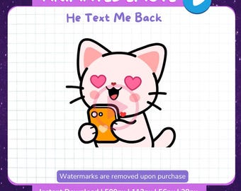 Animowany GIF z emotką białego kota na Twitchu i Discordzie. On odpisuje na SMS-a. Słodkie kawaii. Pobierz natychmiast.