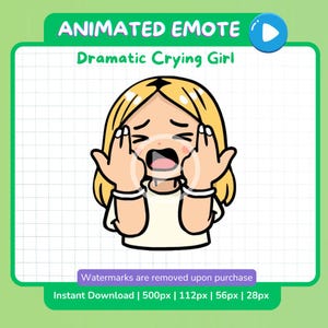 May include: Animated emote of a cartoon girl with blonde hair, crying dramatically. The image includes the text "ANIMATED EMOTE" and "Dramatic Crying Girl". The image is on a white grid background with a green border.